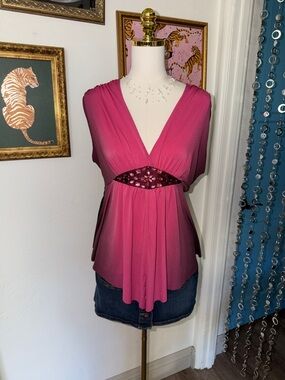 Vintage Y2K Women's Pink Ombre V-Neck Embellished Waist Top